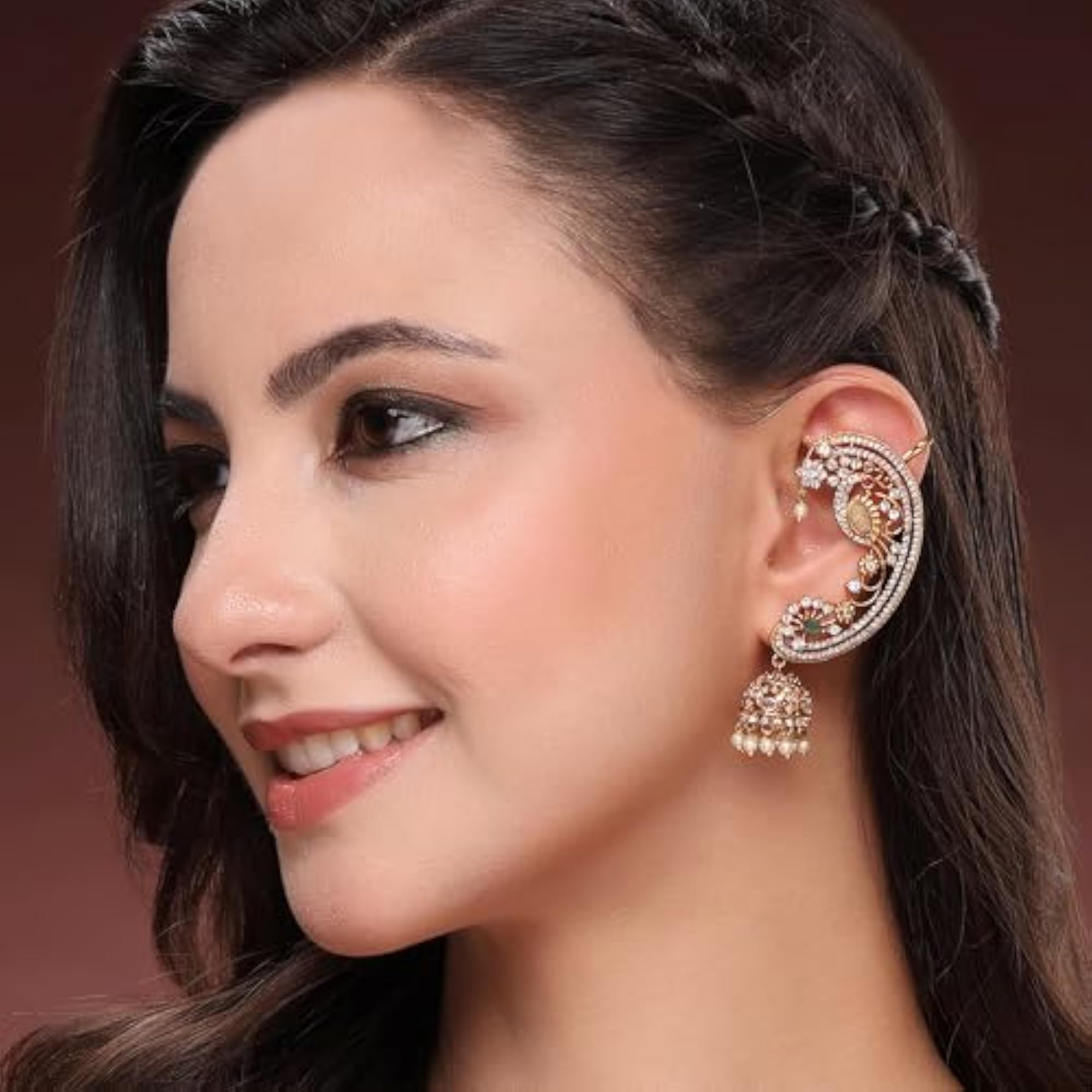 Plated Ear Cuff Jhumka with American Diamond & Pearl Drops
