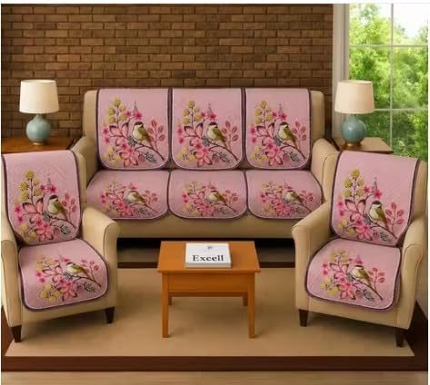 5 Seater Sofa Cover Set | 3 Seater Sofa Cover with 1+1 Seater Covers | Floral Jacquard Design | Anti-Slip Stretch Sofa Cover | Washable Furniture Protector | Living Room Sofa Slipcover (Light Pink)-image-19