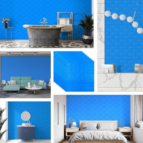 Image of TEKCOOL Self-Adhesive Waterproof PE Foam 3D Wall Panels Wallpaper Sticker for Bathroom, Living Room, and Home Decoration (70 x 77cm, Appx. 5.8Sq Feet) (5pc Dark Blue)'