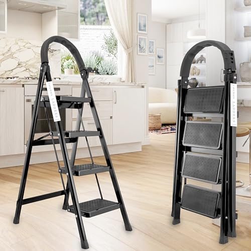 Image of Black 4 Step Ladder for Home Use with Built-in Tool Tray | Heavy Duty D Shape Rods | Ultra Large Platform | Wide Rubber Feet | 150Kg Capacity Foldable Ladder - 7 Years Warranty