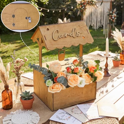 Image of OurWarm Wooden Wishing Well Wedding Card Box with Lock & Flower Trough, Brown Wedding Card Boxes for Reception, Rustic Box for Cards at a Party for Birthday Graduation Baby Shower Reception Decor