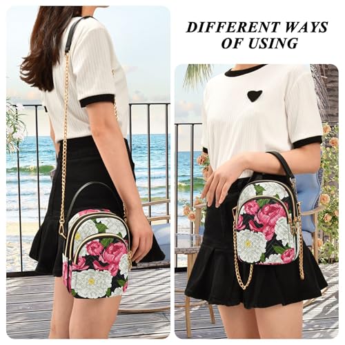 Pink White Peonies Floral Shoulder Handbags for Women Phone Handbag Small Chain Purse Floral Print Zipper Designer Bowler Tote, 5.9" × 8.3" × 3.1" 5