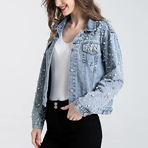 LifeShe Women's Pearls Denim Jacket Cropped Rhinestones Jean Jacket Coat3