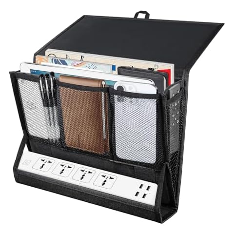 AKAYOK Bedside Caddy Hanging Bed Organizer Storage Bag Pocket with Power Strip Holder Multi-functional Organizer Caddy for Remotes Phone Glasses Magazines, Tablets, Accessories (7 pocket) Cover