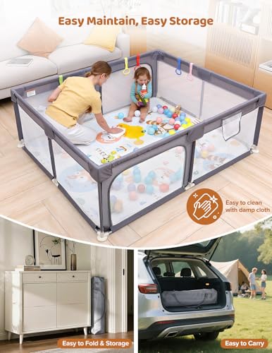Image of Dripex Baby Playpen with Mat, 71 inchx59 inch Large Play Pen for Babies, Grey | Included Waterproof Mat /Portable Bag /Pull up Rings, Breathable Visible Mesh, Easy Setup, Indoor /Outdoor Use