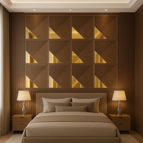 Image of 3D Wood Grain Strip Acylic Gold Mirror PVC Wall Panels for Home, Living Room, cafes (50x50 cm) (Cover Area 2.7 feet)
