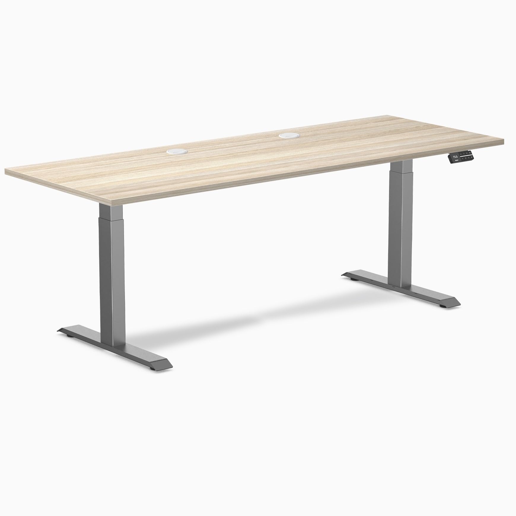 Desky Dual Laminate Sit Stand Desk Classic Oak 78.7" Grommets Space Gray
