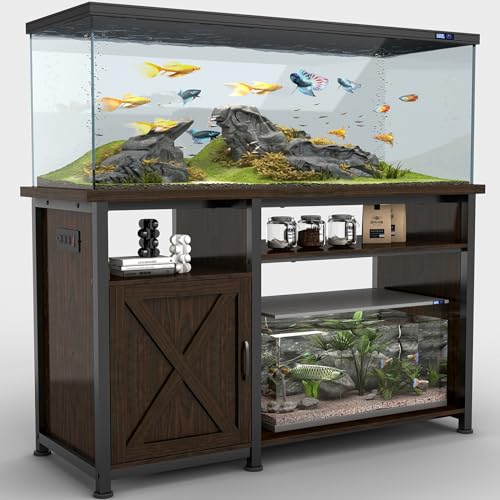 Pipleo 50-75 Gallon Fish Tank Stand with Power Outlets, Heavy Duty Metal Aquarium Stand with Cabinet for Fish Tank Accessories Storage, 52" L x 19.7" W Tabletop, 880LBS Capacity (Single door)