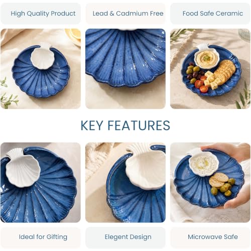 Image of The Earth Store Blue Sea Shell Ceramic Platter - Microwave & Dishwasher Safe Serving Platter Ceramic | Platter Plates for Serving Snacks, Appetizers & Desserts for Home, Cafes & Restaurants