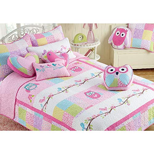 HNU 2 Pieces Owl Quilt Set Twin, Pink Kids Bedding Embroidered Animal Floral Print Birds Colorful Beautiful Bright Lovely Cute Pretty Whimsical Soft Cozy Comfy Cotton