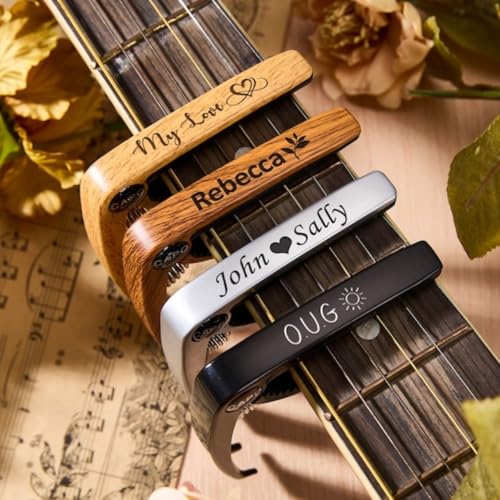 Personalized Guitar Capo Custom Engraved Wooden/Metal Capos Guitarist Music Teacher Groomsmen Gifts for Him Dad Men Husband Boyfriend Gift Musician Band Guitar Accessories (2pcs)