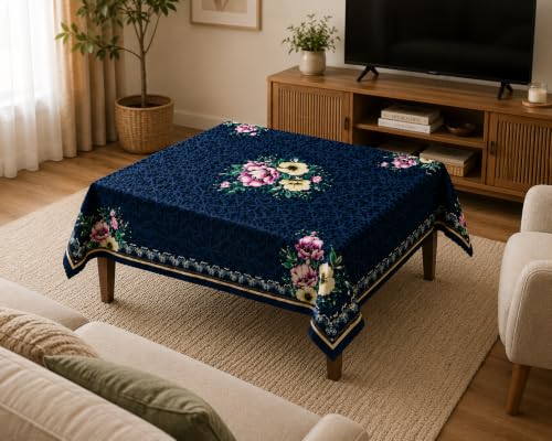 Image of Floral Dining Table Cover for 4 Seater | 58 x 38 Inch Rectangle Polyester Table Cloth | Washable Fabric Table Cover for Dining Table | Dust & Scratch Protection | Blue Saffron