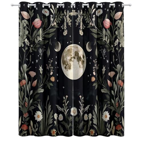 Cortinas Verde Opacas con Ojales,Cortina con Estampado Planta Flores de Puntos, con Ojales Térmica Aislante Opaca para Dormitorio o Salón 117An x 138Al cm (2 Paneles)