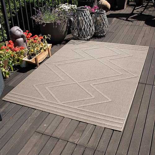 Carpettex Outdoor Teppich Wetterfest 120 x 170 cm Sisaloptik Beige - Ideal für Balkon, Garten, Terrasse, Camping und als Küchenteppich - Waschbarer Teppich, Boho Design, Flachgewebe