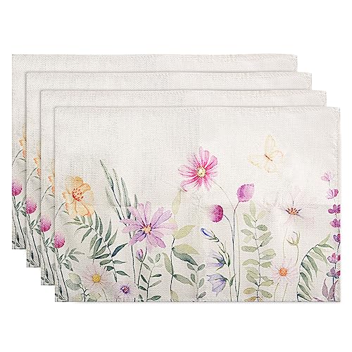 Juego de 4 manteles individuales, tela de algodón, flores y mariposas, manteles individuales decorativos para verano, mantel individual lavable, cocina, comedor, camping, fiesta, decoración, 30 x 45