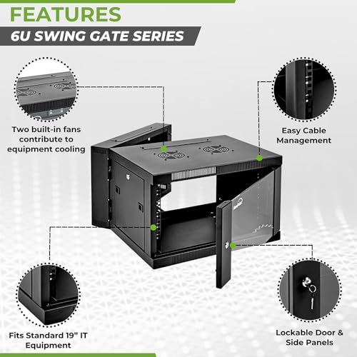 Image of NavePoint 6U Server Cabinet with Hinged Back - 21.6' Deep, 6U Server Rack Enclosure with Locking Glass Door, Wall Mount Rack with Removable Side Panels, Network Cabinet with 2 Fans, Pre-Assembled