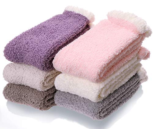 Womens Girls Fuzzy Slipper Socks 6 Pairs Fluffy Cabin Soft Warm Cozy Winter Stocking Stuffers Fleece Plush Sleep Adult Socks?Mix Color C?