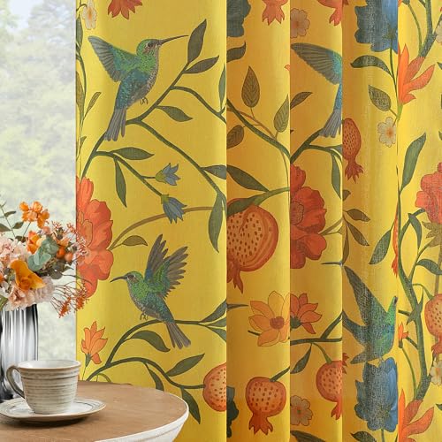 JOOJA Mustard Yellow Floral Linen Curtains, Boho Whimsical Bird Print Curtains for Bedroom Window Colorful Patterned Sheer Curtains for Living Room Kitchen 2 Panels 63 Inches Long