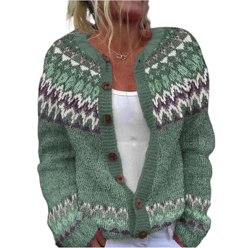 Fair Isle Cardigan Sweater Women Casual Long Sleeve Open Fornt Button Down Nordic Icelandic Sweater 2025 Fall Winter Vintage Embroidered Wool Knit Coat Top(B-Green,X-Large)