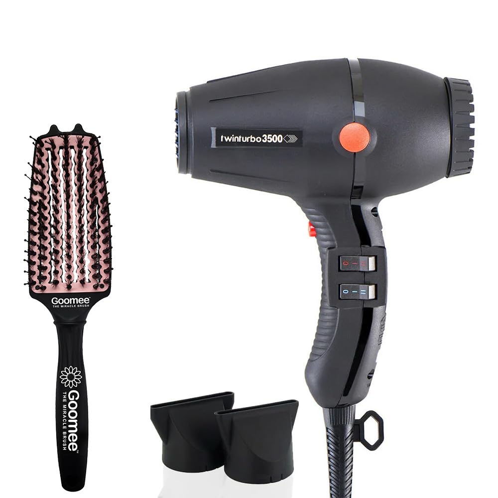 Turbo Power Twin Turbo 3500 Black Hair Dryer and Miracle Medium Detangling Brush Blush Pink