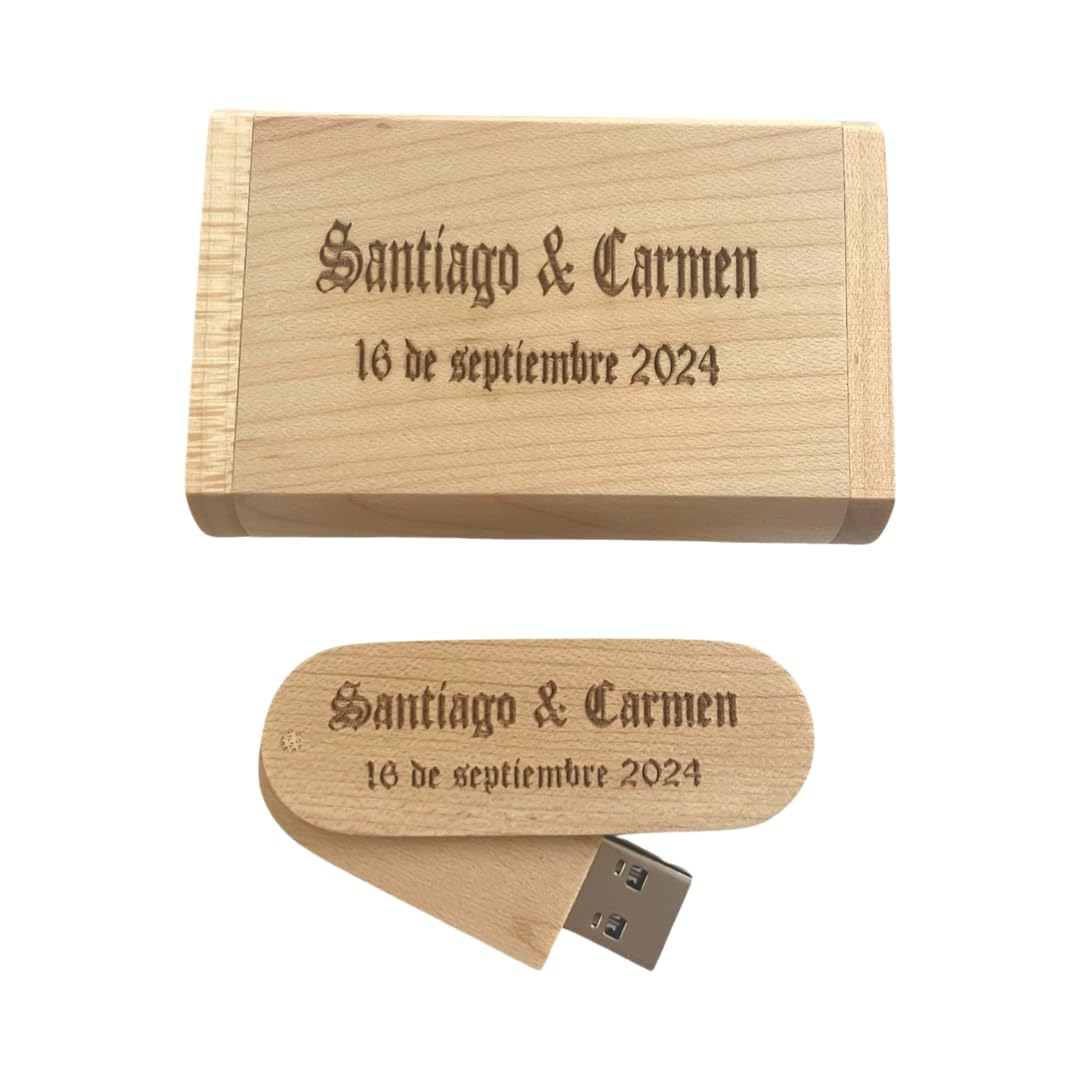 Regalo Grabado - 1 Memoria Personalizada 32GB o 64 GB USB 3.0 | Pendrive con Caja Madera Natural | Grabado de Texto o Logo Boda, Cumpleaños, Empresa | Unidades 1