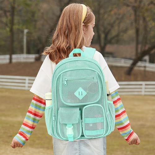 Mesh Backpack for Boys Girls Adults, Heavy Duty See Through School Bookbag for Outdoor, Beach, Swimming, Travel (Mint Green)2