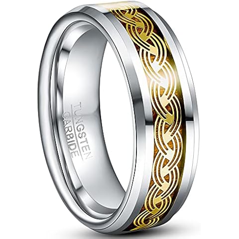 Corato 8 mm Gold Celtic Pattern Tungsten Carbide Ring Wedding Engagement Ring for Men Women Silver Bevelled Edge High Polished Size 54-67, Tungsten Carbide Cover