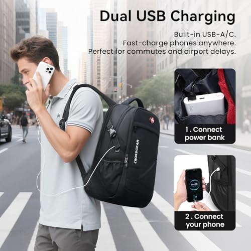 CROSSGEAR 17.3 Inch Anti-Theft Laptop Backpack with Lock, Waterproof Travel Rucksack with USB A & Type-C Charging Port, Breathable Ergonomic Design for Men Women Work Travel College Business, Black - Image 3