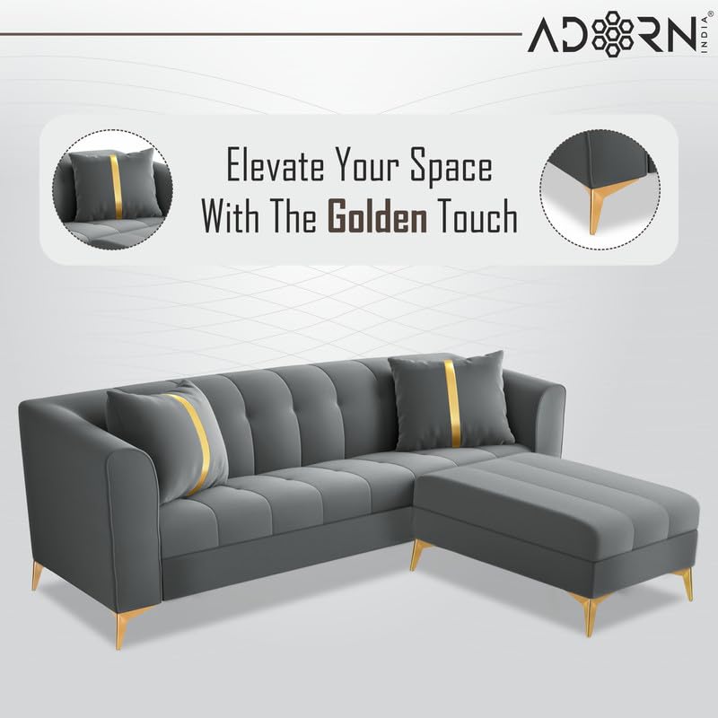 Image of Adorn India Premium Mystic - 3 Years Warranty - L Shape 4 Seater Sofa Set Velvet Suede Fabric - Grey