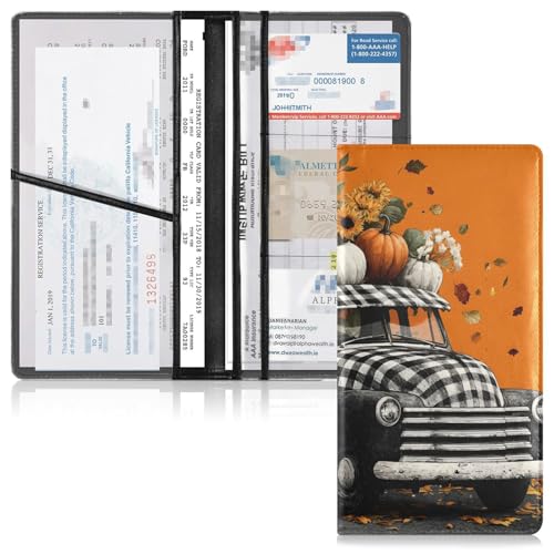 Car Registration and Insurance Holders Truck with Pumpkin Print, PU Leather for License Documents Cards