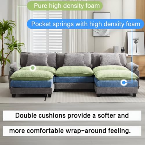 Image of Modern U Shaped Sectional Sofa, Plush Chenille Upholstery, Extra Deep Seats with Throw Pillows for Living Room Office Hotels (Grey)