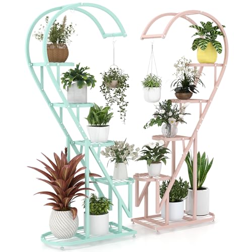 COSTWAY Soporte para Plantas de Metal de 5 Niveles, Estantes Creativos para Plantas con Escalera en Forma de Corazón, para Interiores, Exteriores, Jardín, 71 x 30,5 x 148 cm (Rosa y Azul)