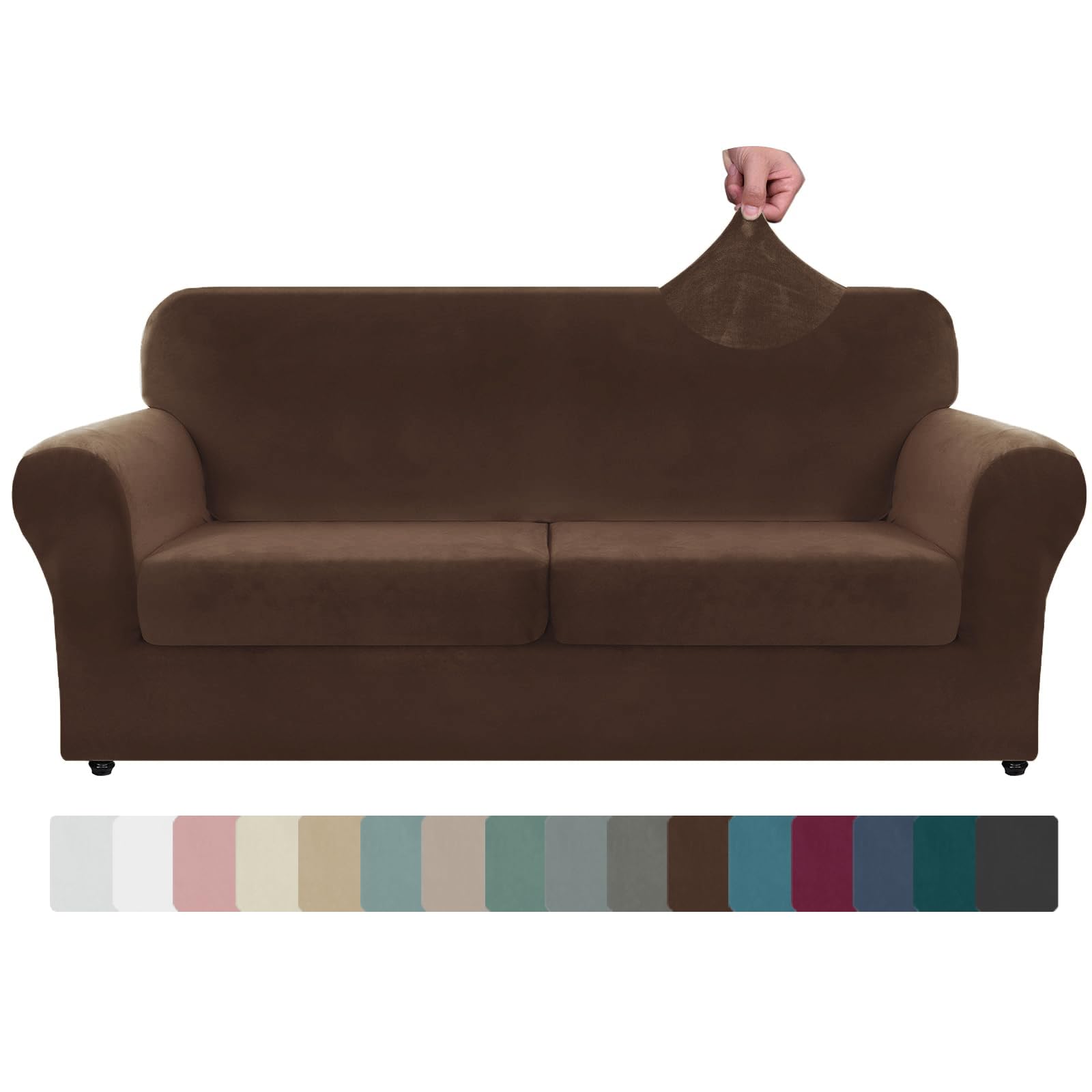 ZNSAYOTX Oversized Velvet 3 Piece Couch Cover with 2 Extra Large Seat Cushion Covers Stretch Sofa Cover for 2 Cushion Couch Thick Soft Loveseat Sofa