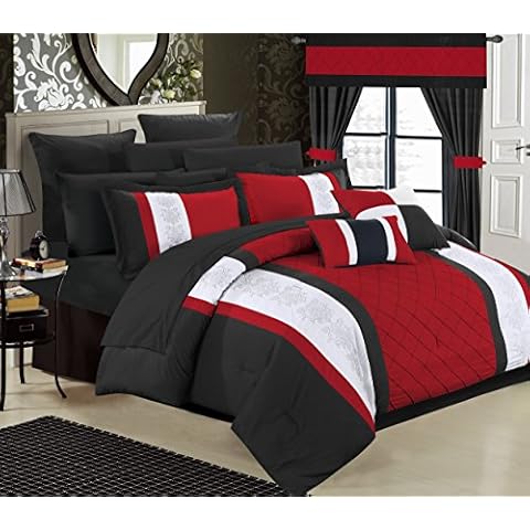 Chic Home Red Bed in a Bag Comforter Set, King Size (24 Pieces), Danielle - Pintuck Embroidery Colorblock Bedding - Comforter, Sheets, Shams, Bed Skirt, Pillowcases, Valances, Curtain Ties & Pillows Cover