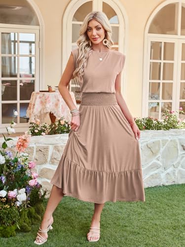 Image of Kikibell Womens Summer Dresses Cap Sleeve Elastic Waist Midi Dress with Pocket Long Causal Sundress Beach Vacation Outfits