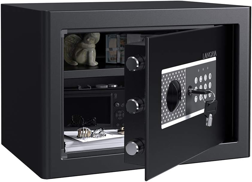 LANGRIA 2-Layer 0.72 Cubic Feet Steel Security Safe Deposit Box with Digital Keypad for Home Office and Hotels to Store Cash Jewelry Passport Guns Includes 2 Manual Override Keys (Black Gray)