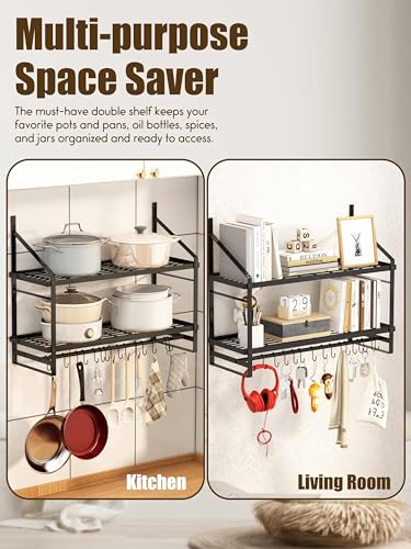 Caliee 30 Inch Hanging Pot Rack, 2 Tier Pot Rack Wall Mounted for Kitchen Storage and Organization with 16 Hooks, Pots and Pans Organizer