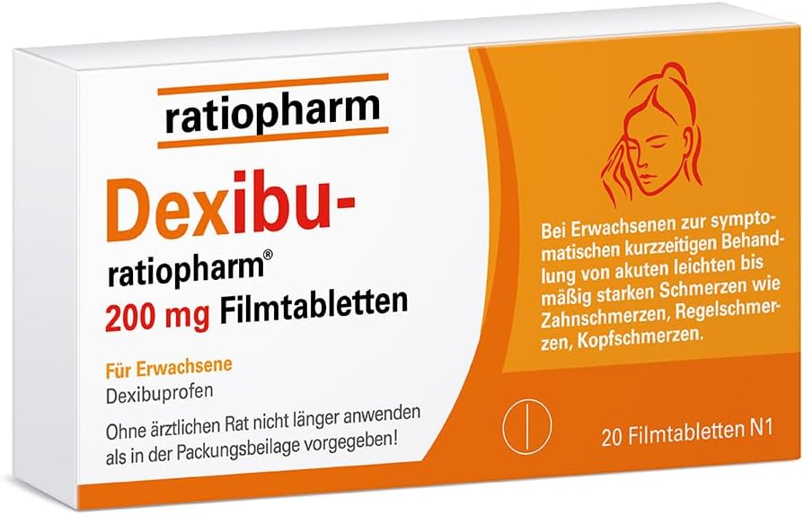 Dexibu-ratiopharm  200 mg Filmtabletten Lindert Regel- Kopf- und Zahnschmerzen effektiv mit einer geringen Wirkstoffdosierung 20 Filmtabletten