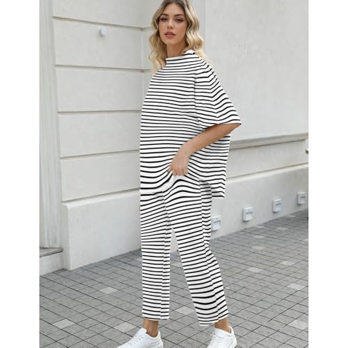 Image of SeeLuNa Women's Two Piece Outfits 3 /4 Batwing Sleeve Capelet Crew Neck Pullover Top Wide Leg Pants Lounge Set(White-Black,M)