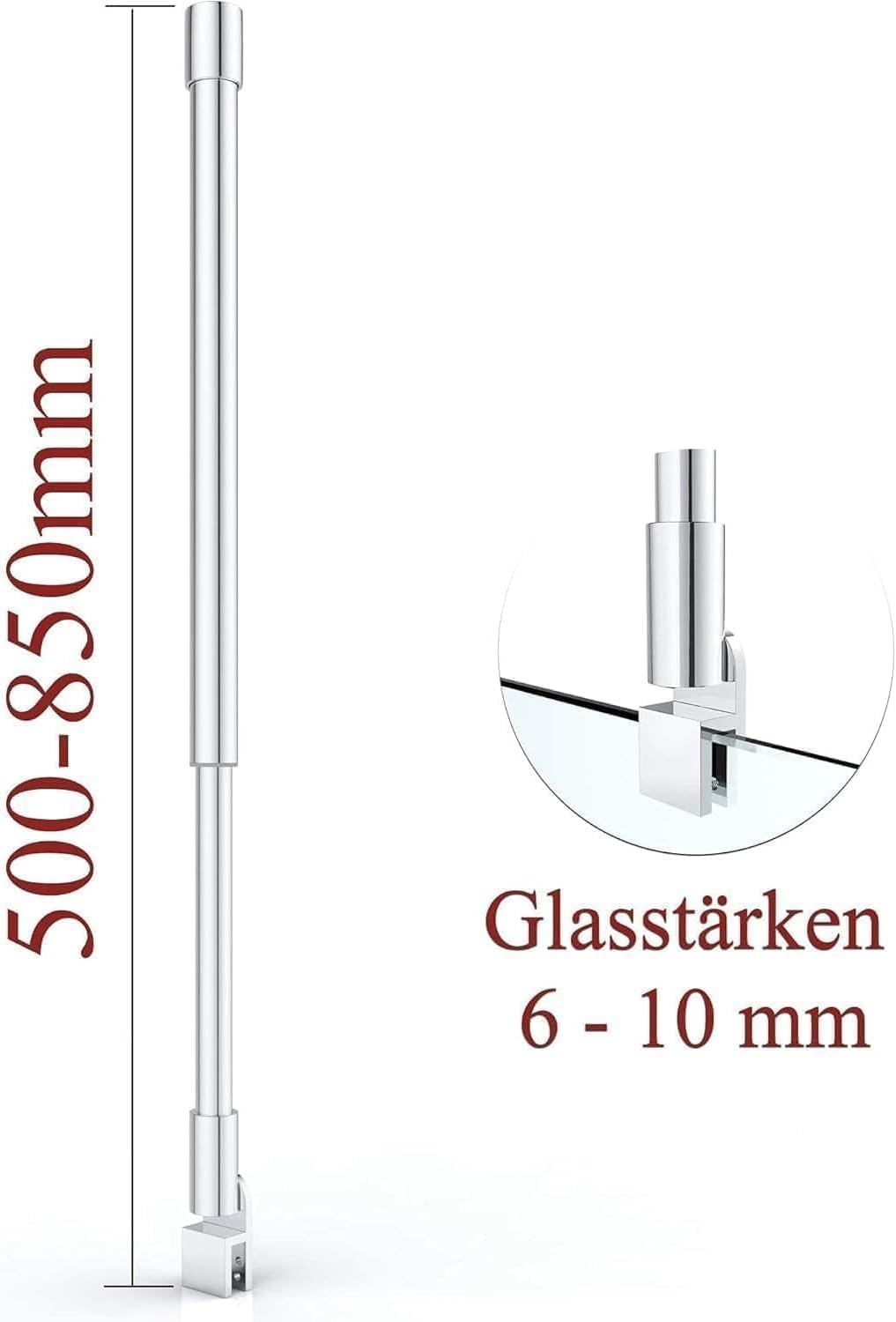 Barra di fissaggio per parete doccia, stabilizzatore doccia circolare in acciaio inossidabile, adatto per barre doccia da 300-450 mm, spessore del vetro 6-10 mm. (Tubi tondi 500-850 mm)