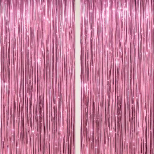 Image of DECOCKRAT 2 Pack Foil Fringe Backdrop - Pink Shiny Tinsel Curtains for Party Decoration /Photo Booth Props - 3.3x6.6 FT Metallic Foil Backdrop for Birthday, Wedding, Graduation, Christmas.