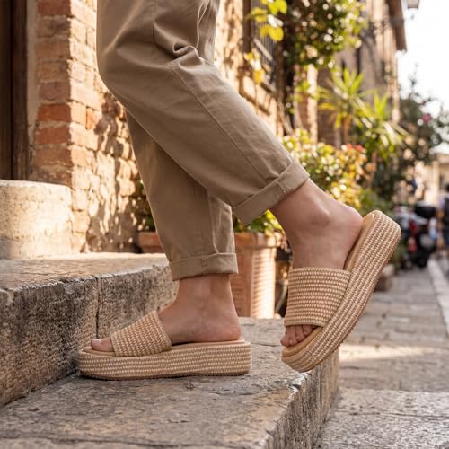 Image of Monrovia Platform Sandals Women Raffia Espadrille Slides, Woven Straw Flatform Beach Sandals Women, Slip On Summer Vacation Shoes, Comfortable Casual Daily Wear