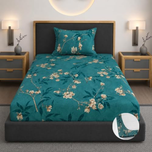 Image of Premium Heavy Cotton Elastic Fitted Bedsheets with 1 King Size Pillow Covers | Single Bed with All Around Elastic 350 TC | 36 x 78 x 6 Inch Single Size Fitted | - Green Flower