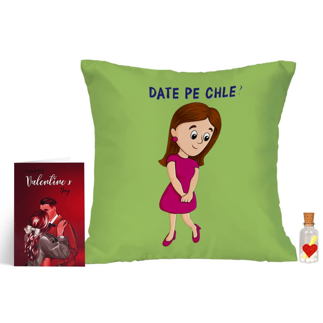 Crazyify Date Pe Chle Valentine's Day Gift Combo for Girlfriend/Boyfriend/Lover | Valentine Gift for Husband/Wife | Gift for Girls/Boy/Her/Him | Decorative Cushion (12x12 Inches)