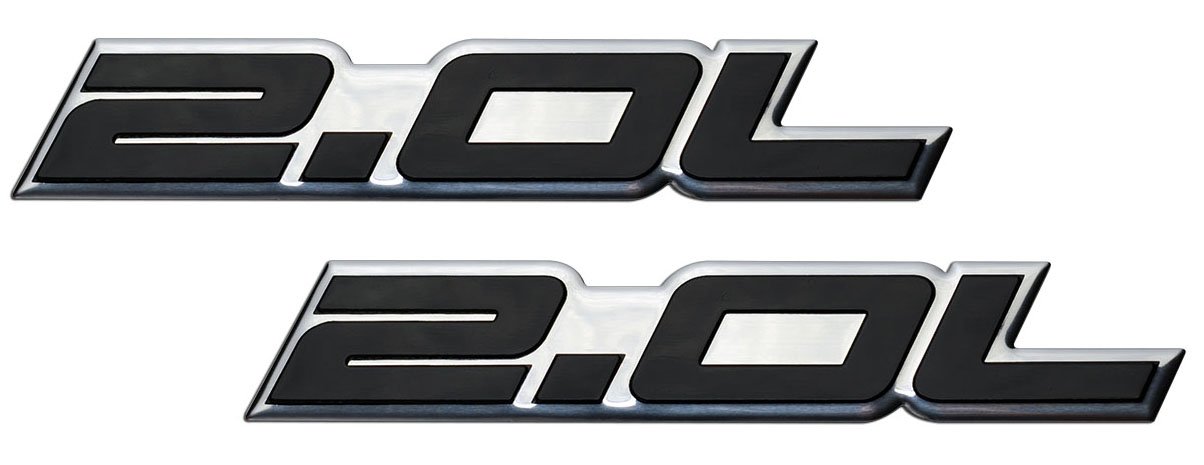 2.0L Liter Embossed Aluminum Badge - Silver On Black Polished Auto Emblem For Ford, Dodge, Jeep, Chevy
