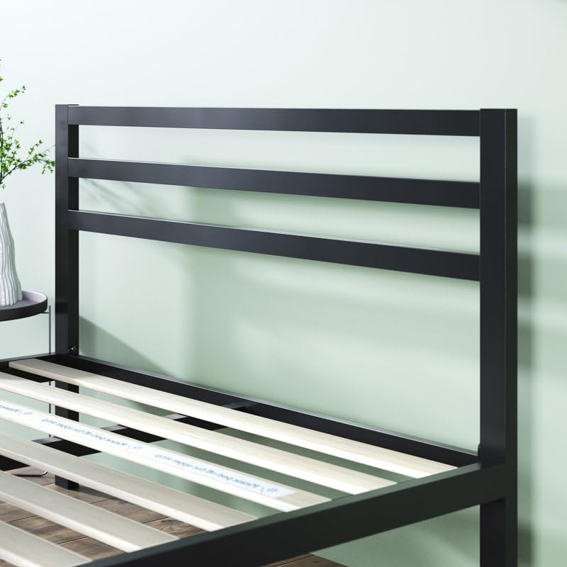 Image of Metal Bed Frame (or Minimalist Platform Bed with Slatted Headboard) Matte Black Metal Frame with Horizontal Slatted Headboard