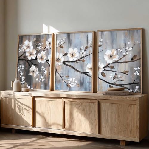 Image of kotart Abstract Floral Art Framed Painting | Big Aesthetic Flowers Vastu Framed Paintings for Living Room Bedroom Wall Decor Set Of 3 (35x37 Inch)