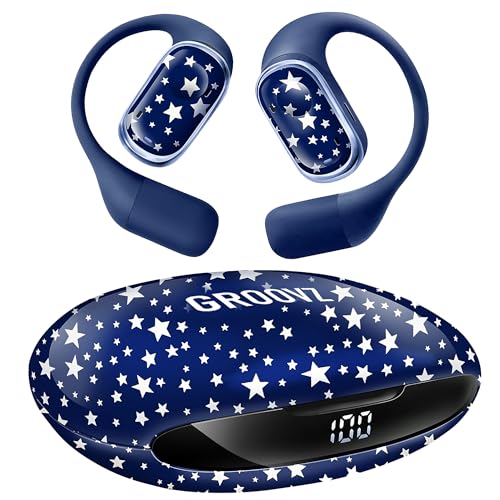 Groovz Open-Ear Plus True Wireless Headphones with Battery Display - Designed & Engineered in the USA - Multi-Point Pairing Bluetooth Open Ear Earbuds Compatible w/Apple & Android - Blue Starry Night