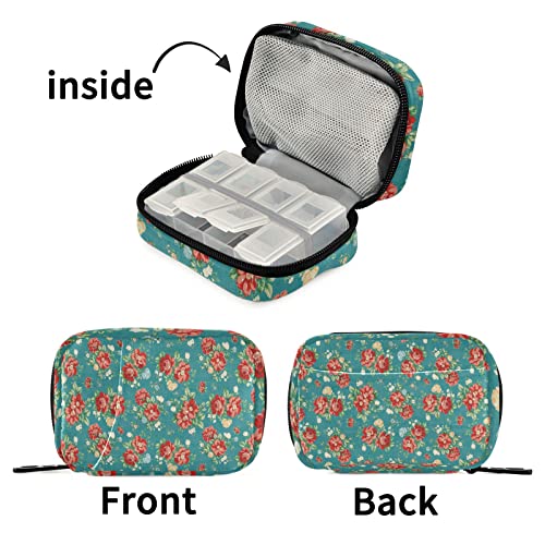 Teal Vintage Floral Pill Organizer Case 7 Day Travel Pill Box With Zipper Portable Weekly Vitamin Medicine Supplement Holder Pouch Bag #TOP6
