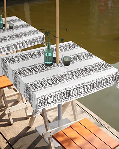 Boho Stripes Outdoor Square Tablecloth with Umbrella Hole 60x60, Wrinkle Free Wipeable Fabric Table Cloth Waterproof Zippered Cover for Camping Picnic Patio Party, Black Bohemia Ethnic Geometric